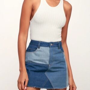 NEW Lulu's Change Your Tone Blue Denim Mini Skirt Patchwork M